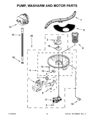 Pump, Washarm And Motor Parts Diagram and Parts List for BLB14FRANA0  Whirlpool Dishwasher