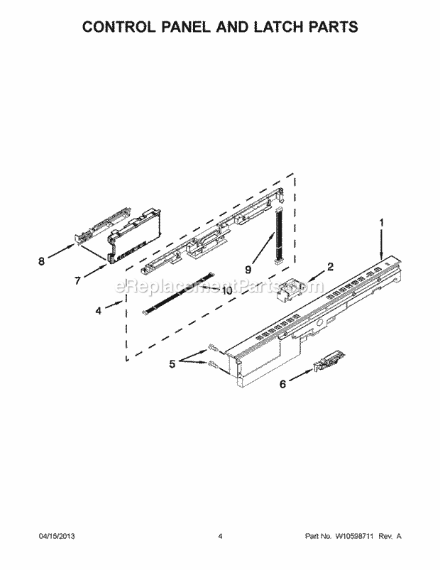 Control Panel And Latch Parts Diagram and Parts List for WDT710PAYH4  Whirlpool Dishwasher