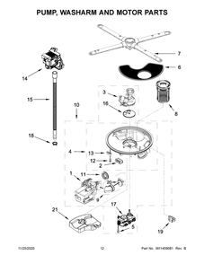Pump, Washarm And Motor Parts Diagram and Parts List for KDFE104HPS1  Whirlpool Dishwasher