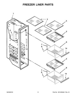 Freezer Liner Parts Diagram and Parts List for KRSC503ESS01  Whirlpool Refrigerator