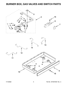 Burner Box, Gas Valves And Switch Parts Diagram and Parts List for WCG55US0HS05  Whirlpool Cooktop