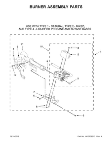 Burner Assembly Parts Diagram and Parts List for 7MWGD1750EQ1  Whirlpool Dryer