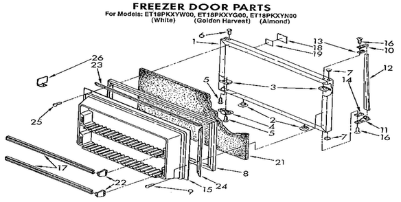 Freezer Door Diagram and Parts List for E18PKXYN00  Whirlpool Refrigerator