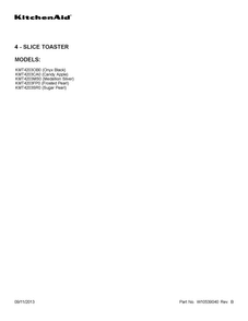 Cover Sheet Diagram and Parts List for KMT4203SR0  KitchenAid Toaster