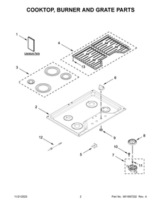 Cooktop, Burner And Grate Parts Diagram and Parts List for WCGK3030PB00  Whirlpool Cooktop