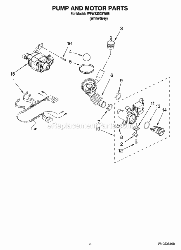 Pump And Motor Parts Diagram and Parts List for WFW8300SW05  Whirlpool Washer