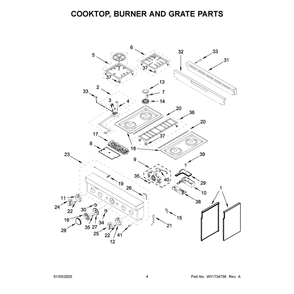 Cooktop, Burner And Grate Parts Diagram and Parts List for KFGC500JAV07  KitchenAid Range