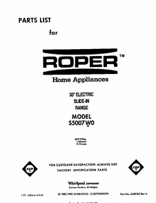 Front Cover Diagram and Parts List for S5007W0  Roper Range