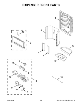Dispenser Front Parts Diagram and Parts List for IX7DDEXGZ002  Whirlpool Refrigerator