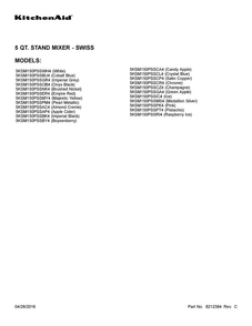 Cover Sheet Diagram and Parts List for 5KSM150PSSCA4  KitchenAid Mixer