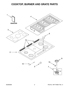 Cooktop, Burner And Grate Parts Diagram and Parts List for WCGK5036PV00  Whirlpool Cooktop