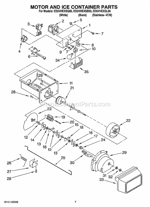 MOTOR AND ICE CONTAINER PARTS Diagram and Parts List for ED5VHEXSL00  Whirlpool Refrigerator