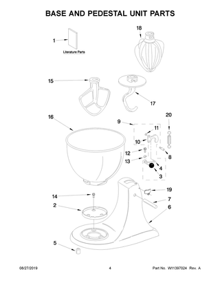 Base And Pedestal Unit Parts Diagram and Parts List for 5K45SSROB0  Whirlpool Mixer