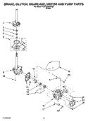 BRAKE, CLUTCH, GEARCASE, MOTOR AND PUMP PARTS Diagram and Parts List for 1DWTW5205SQ0  Whirlpool Washer