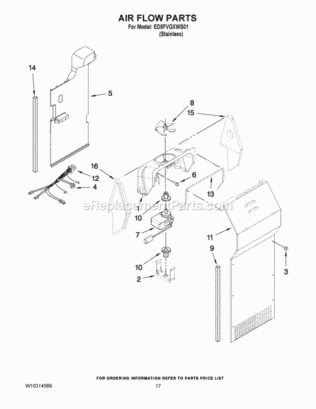 Air Flow Parts Diagram and Parts List for ED5FVGXWS01  Whirlpool Refrigerator