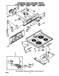 Cooktop And Control Diagram and Parts List for RF3660XXW0  Whirlpool Range