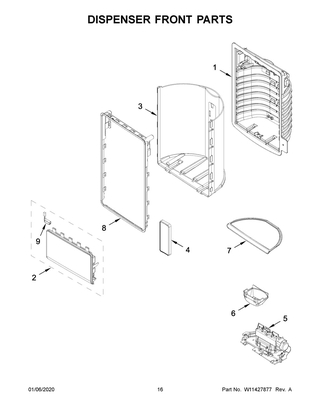Dispenser Front Parts Diagram and Parts List for WRX986SIHZ01  Whirlpool Refrigerator