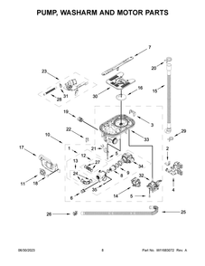 Pump, Washarm And Motor Parts Diagram and Parts List for KDTM604KBS2  KitchenAid Dishwasher