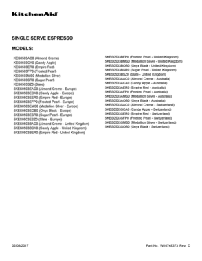 01 - COVER SHEET Diagram and Parts List for 5KES0503EMS0  Whirlpool Coffee Maker