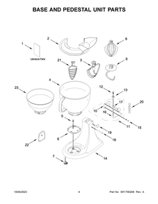 Base And Pedestal Unit Parts Diagram and Parts List for 5KSM195PSWMH5  KitchenAid Mixer