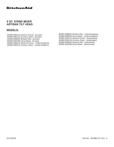 Cover Sheet Diagram and Parts List for 5KSM125BER4  KitchenAid Mixer