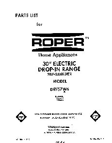 Front Cover Diagram and Parts List for D9757*6  Roper Range