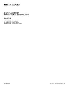 Cover Sheet Diagram and Parts List for KF26M22OB5  KitchenAid Mixer
