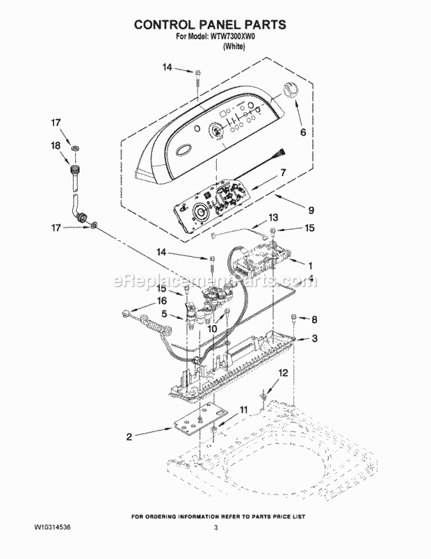 Control Panel Parts Diagram and Parts List for WTW7300XW0  Whirlpool Washer