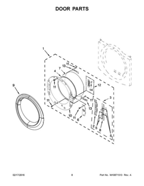 05 - Door Parts Diagram and Parts List for YWED90HEFC0  Whirlpool Dryer