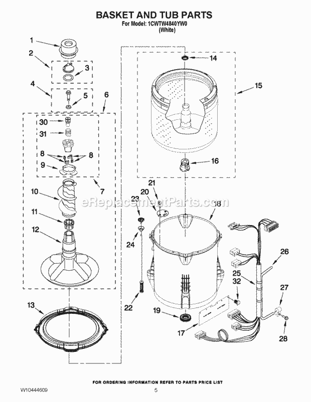 Basket And Tub Parts Diagram and Parts List for 1CWTW4840YW0  Whirlpool Washer