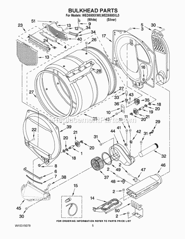 BULKHEAD PARTS Diagram and Parts List for WED5500XW0  Whirlpool Dryer