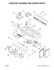 Cooktop, Burner And Grate Parts Diagram and Parts List for KFGC506JYP02  Whirlpool Range