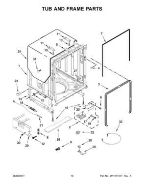 06 - TUB AND FRAME PARTS Diagram and Parts List for KDTE254EWH3  Whirlpool Dishwasher