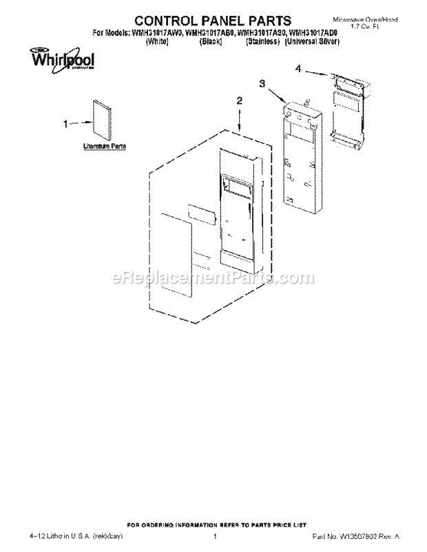 Control Panel Parts Diagram and Parts List for WMH31017AD0  Whirlpool Microwave