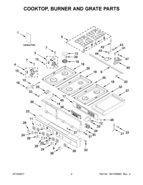 02 - COOKTOP, BURNER AND GRATE PARTS Diagram and Parts List for KDRS483VBU01  Whirlpool Range