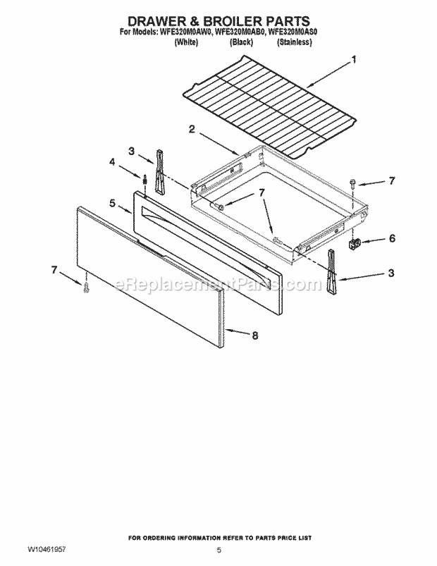 Drawer & Broiler Parts Diagram and Parts List for WFE320M0AS0  Whirlpool Range