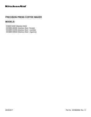 01 - Cover Sheet Diagram and Parts List for 5KCM0512ASS0  KitchenAid Coffee Maker
