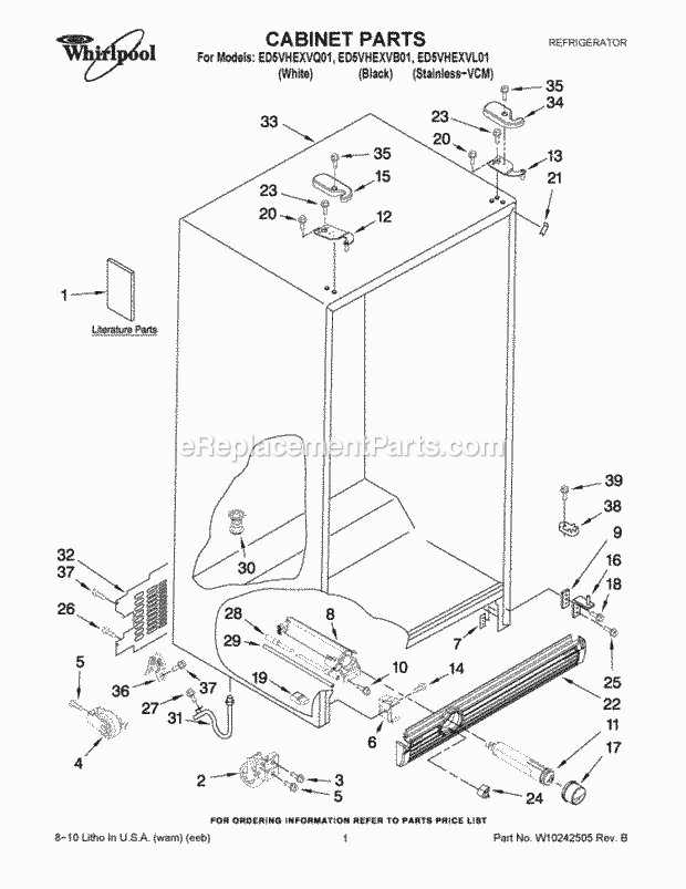CABINET PARTS Diagram and Parts List for ED5VHEXVB01  Whirlpool Refrigerator