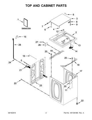 Top And Cabinet Parts Diagram and Parts List for WTW5000DW3  Whirlpool Washer