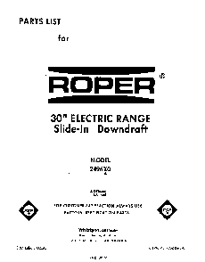 Front Cover Diagram and Parts List for 2496*0A  Roper Range