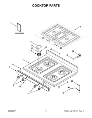 02 - Cooktop Parts Diagram and Parts List for WFG320M0BB1  Whirlpool Range