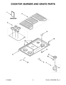 Cooktop, Burner And Grate Parts Diagram and Parts List for WCG55US6HS05  Whirlpool Cooktop
