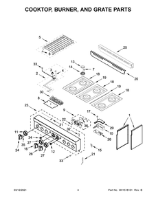 Cooktop, Burner, And Grate Parts Diagram and Parts List for JGRP436HM01  Whirlpool Range