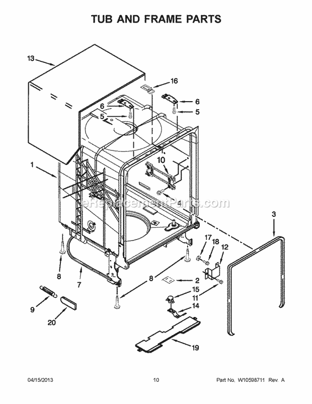 Tub And Frame Parts Diagram and Parts List for WDT710PAYH4  Whirlpool Dishwasher