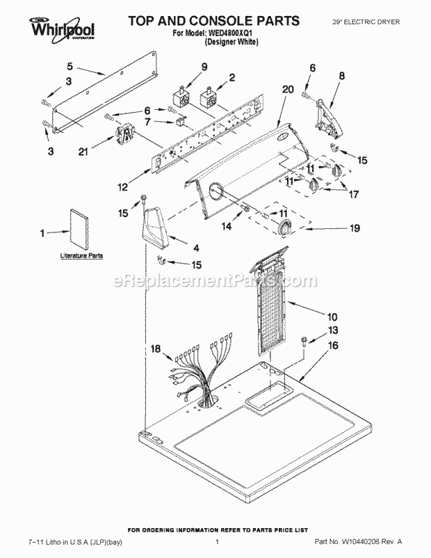 TOP AND CONSOLE PARTS Diagram and Parts List for WED4800XQ1  Whirlpool Dryer