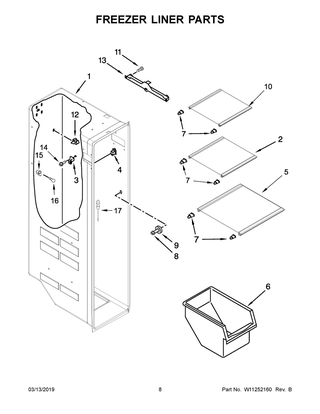 Freezer Liner Parts Diagram and Parts List for WRS325SDHB01  Whirlpool Refrigerator