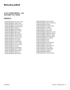 Cover Sheet Diagram and Parts List for 5KSM150PSBSA4  KitchenAid Mixer