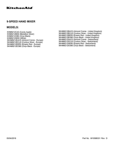 Cover Sheet Diagram and Parts List for 5KHM9212EAC0  KitchenAid Mixer