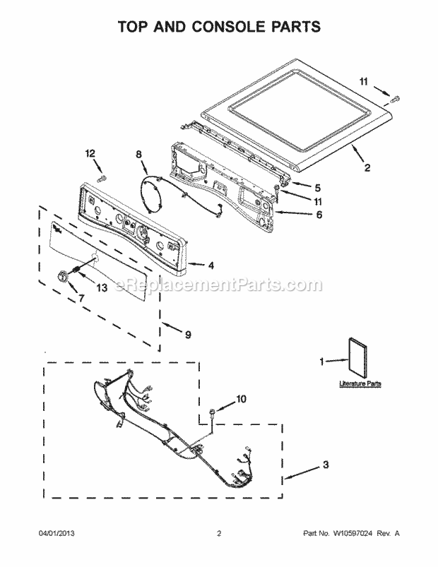 TOP AND CONSOLE PARTS Diagram and Parts List for WED70HEBW0  Whirlpool Dryer