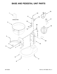 Base And Pedestal Unit Parts Diagram and Parts List for 5KSM55SXXPER0  KitchenAid Mixer